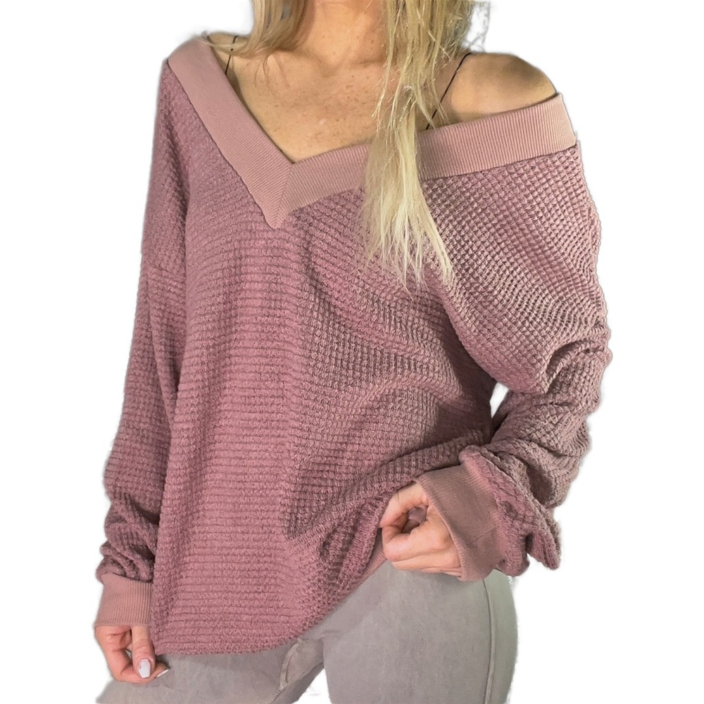 BRAND NEW V-Neck & Back Waffle Knit Long Sleeve Top with Bell Sleeves